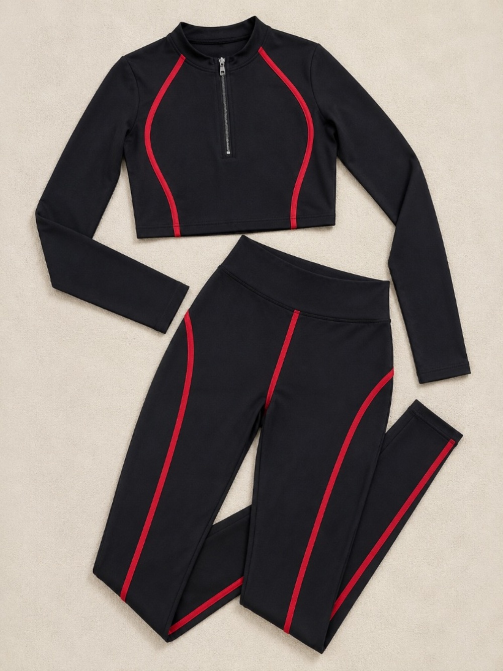 Black Red Contrast Trim Activewear Set Size M Athleisure